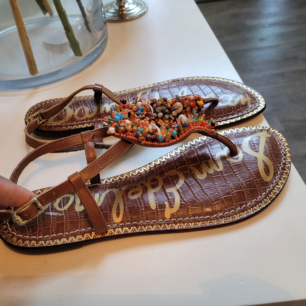 Sam edelman cognac leather sandals, T-strap with beaded design, NWOT, size 8.5